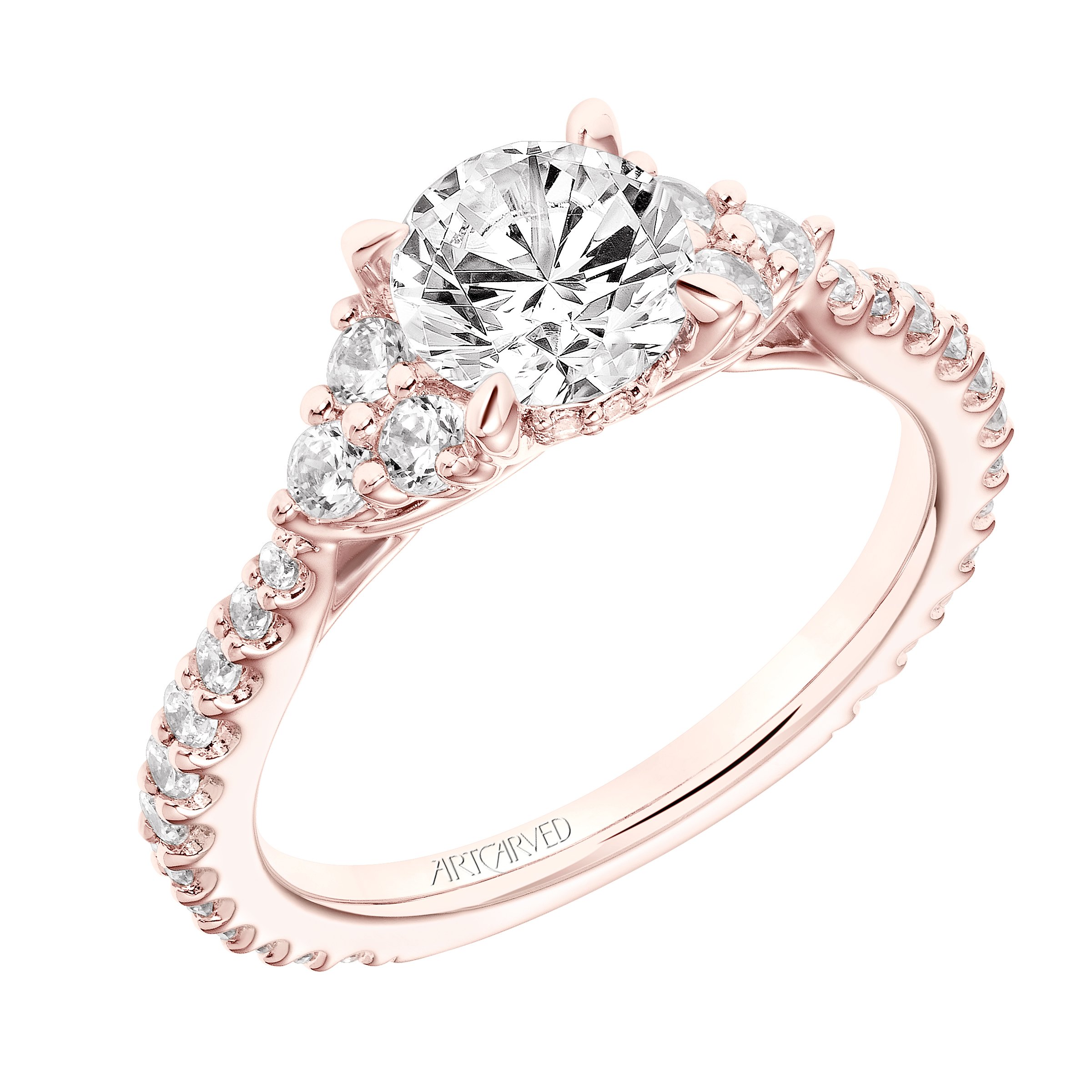 Minder dan Moeras Schrijf op ArtCarved Three Stone Rose Gold Diamond Engagement Ring. Arthur's Jewelers