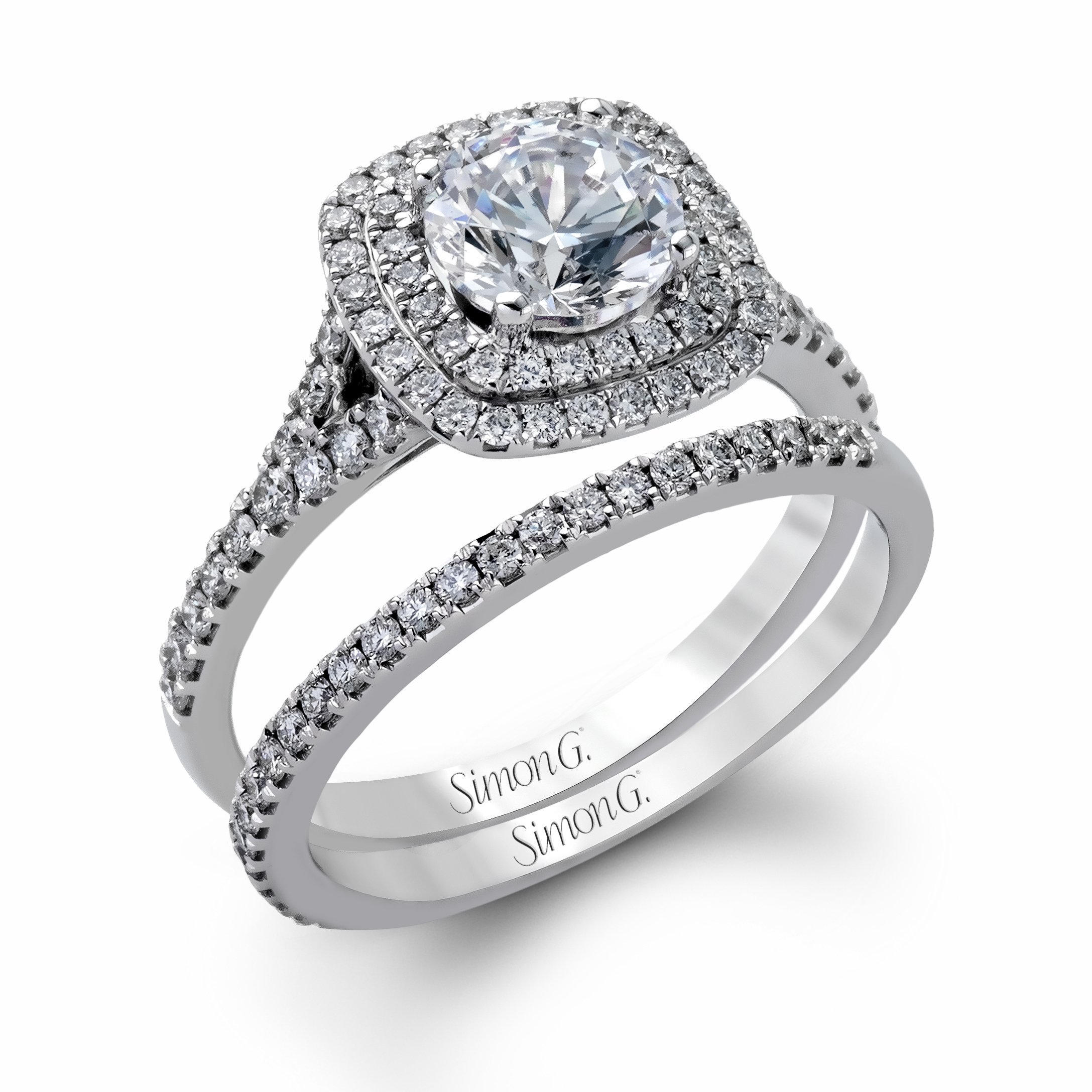 Round Double Halo Engagement Ring with Triple Row Shank - Victoria Jones  Jewelry Bridal
